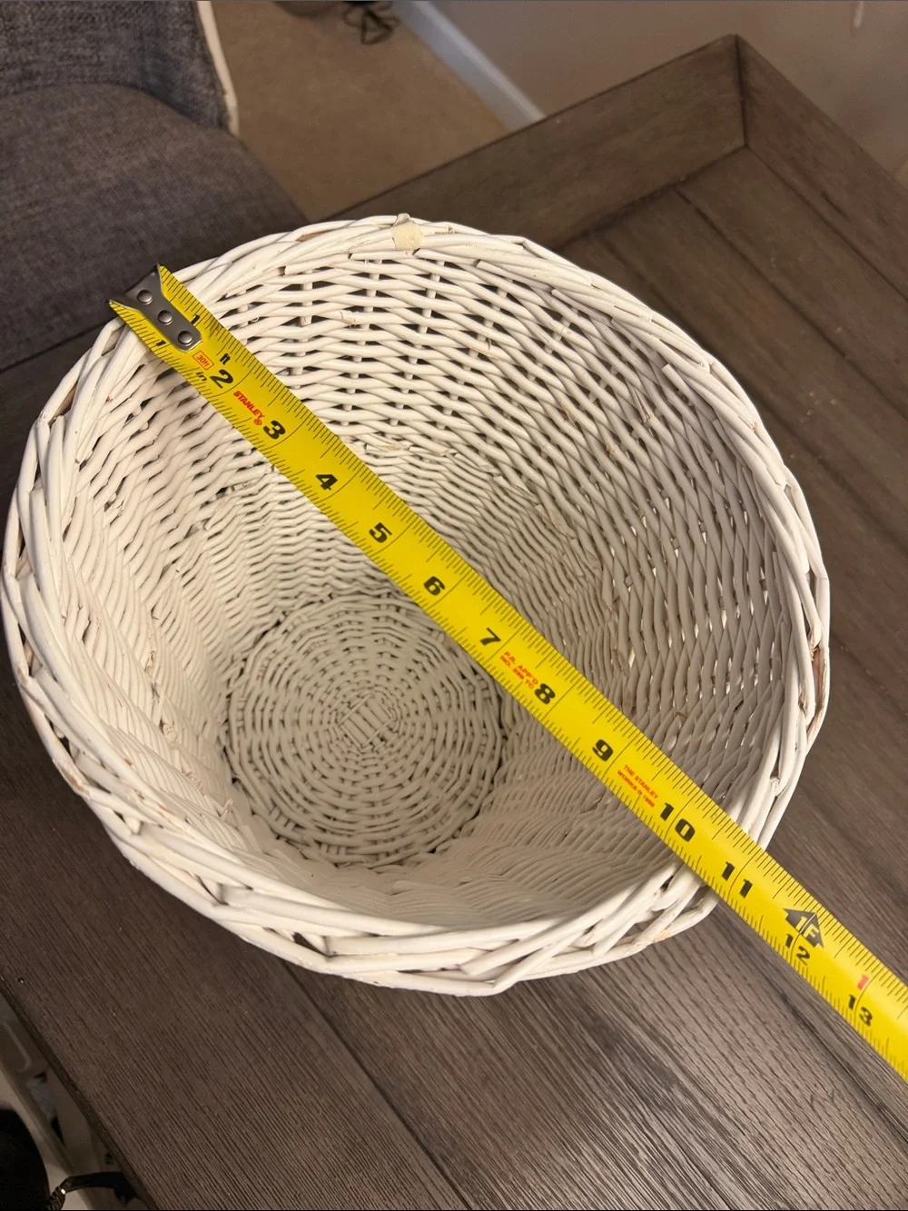 Vintage BOHO Cottage White Wicker Woven Beach Trash Basket / Wastebasket